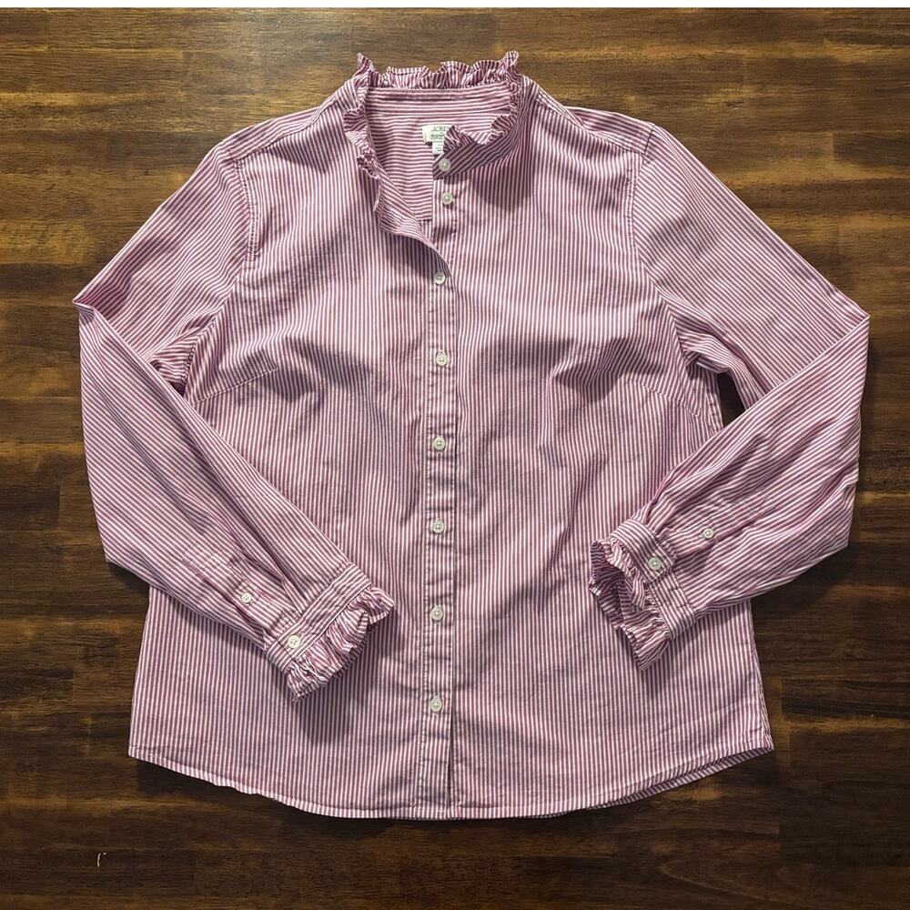 J Crew Women’s XL Shirt Button Front Ruffle Neck Top Long Sleeve Cotton Blouse
